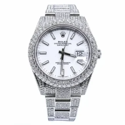 Rolex Datejust 41mm 126300 Iced Out White Stick Dial Oyster Bracelet Mens Watch